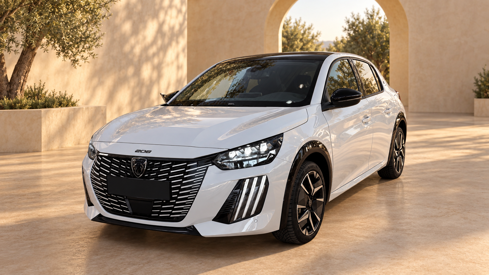 Peugeot e-208 ved varm stenarkitektur med anonymiseret nummerplade