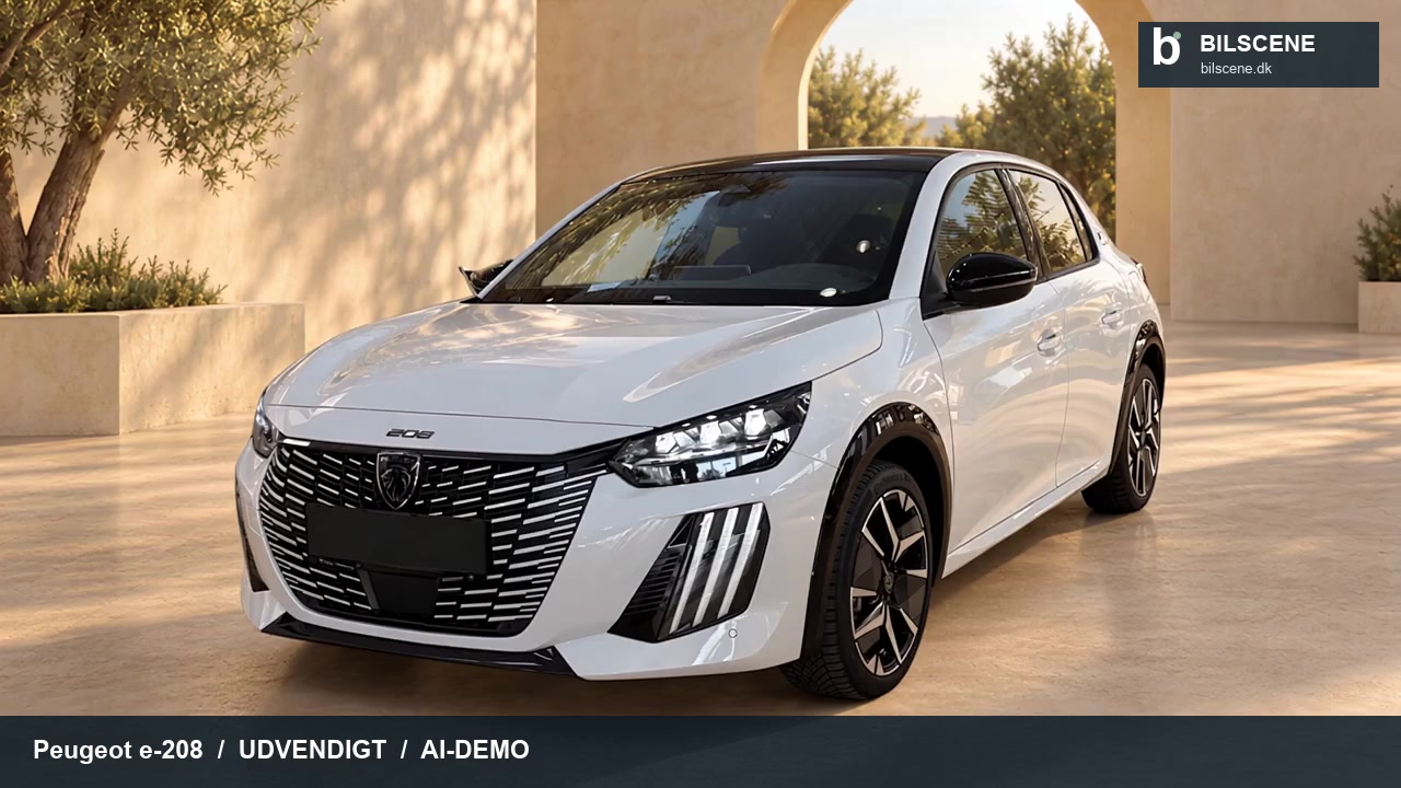 Peugeot e-208 ved varm stenarkitektur med anonymiseret nummerplade