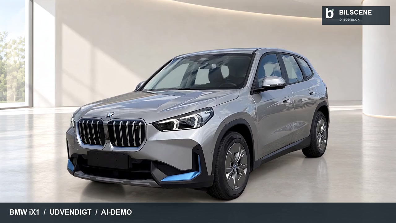 BMW iX1 i lyst showroom med anonymiseret nummerplade
